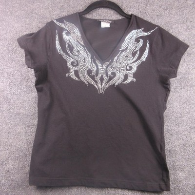 Get Lucky Shirt Womens Large Black Rhinestone Tribal V Neck Tee Graphic