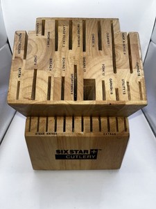 Ronco SIX STAR Cutlery 30 Slot Knife Block Solid Wood Labeled Slots Honey Oak