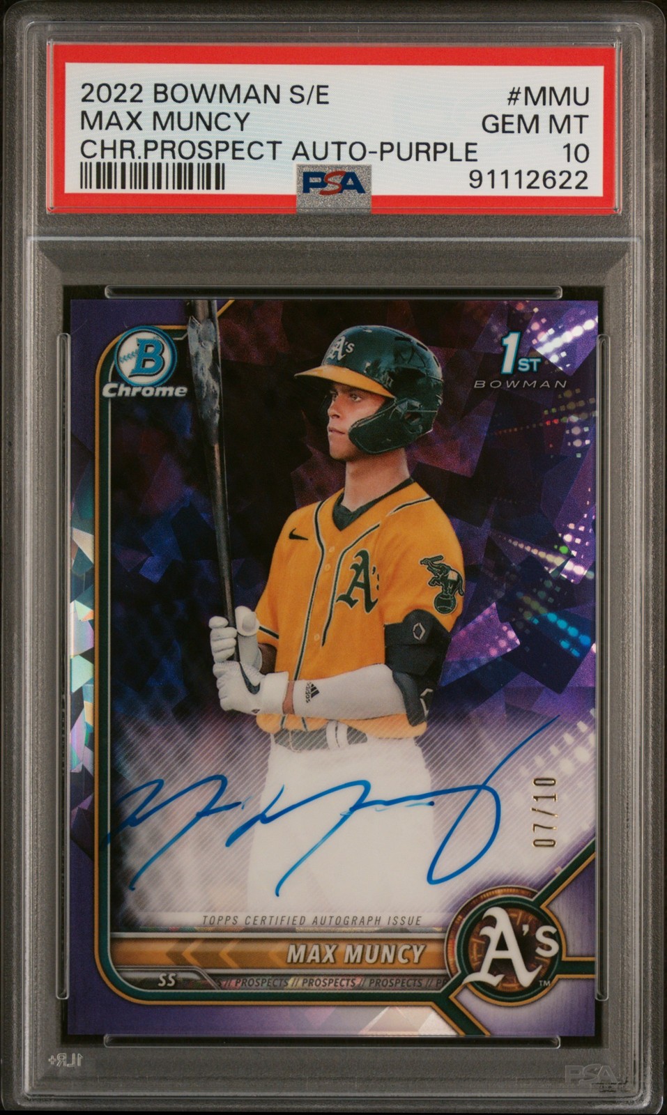 MAX MUNCY 2022 BOWMAN SAPPHIRE ED CHROME PRSPCT AUTOS PURPLE 7/10 PSA 10 AUTO 