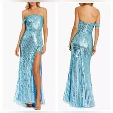 NEW Mac Duggal 6072 Sequin Mesh One shoulder Evening Gown Aqua Blue Size 2