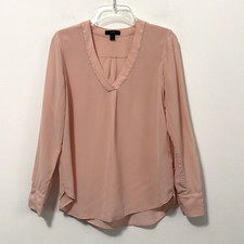 J Crew Silk Popover Top 2 Pale Pink Long Sleeve V Neck Ladder Stitch Career Work