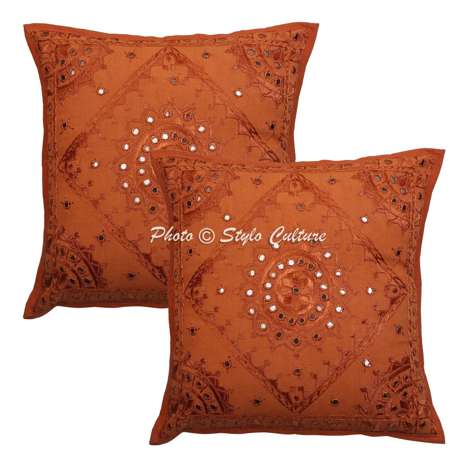 Indian Throw Pillow Covers Brown 40x40 cm Embroidered Mirrored Cushion Covers