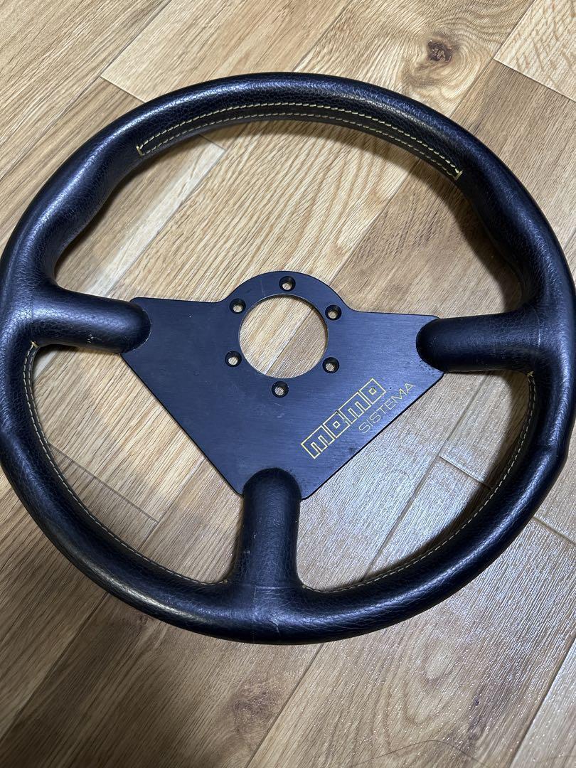 MOMO Black Leather Steering Wheel 3-Spoke 6-Bolt F/S Ships MOMO Black Leather Steering Wheel 3-Spoke 6-Bolt F/S Ships