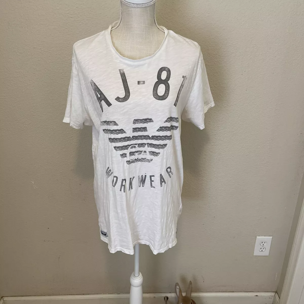 Rare Armani Jeans AJ Tee Shirt Slim XL White Graphic “AJ-81 Workwear” Y2K