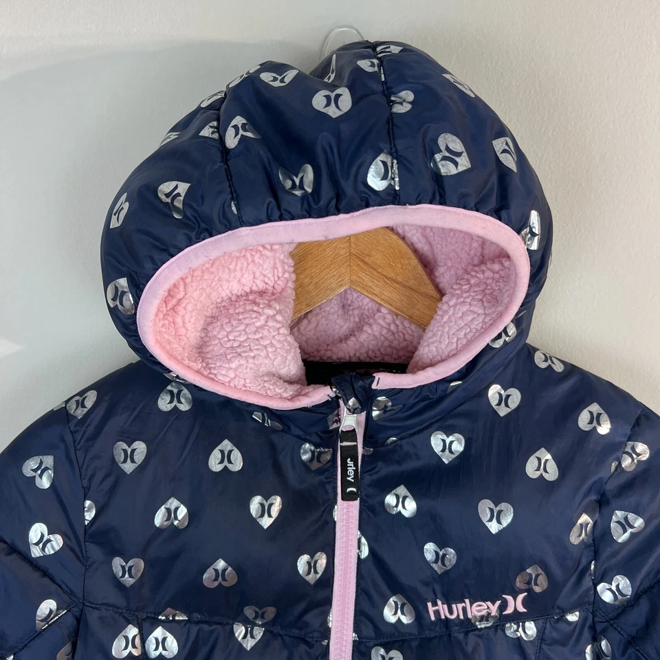 Hurley Puffer Jacket Girls S 8 10 Heart Navy Silver Fleece Lined Hooded Full Zip - Image 2 of 4