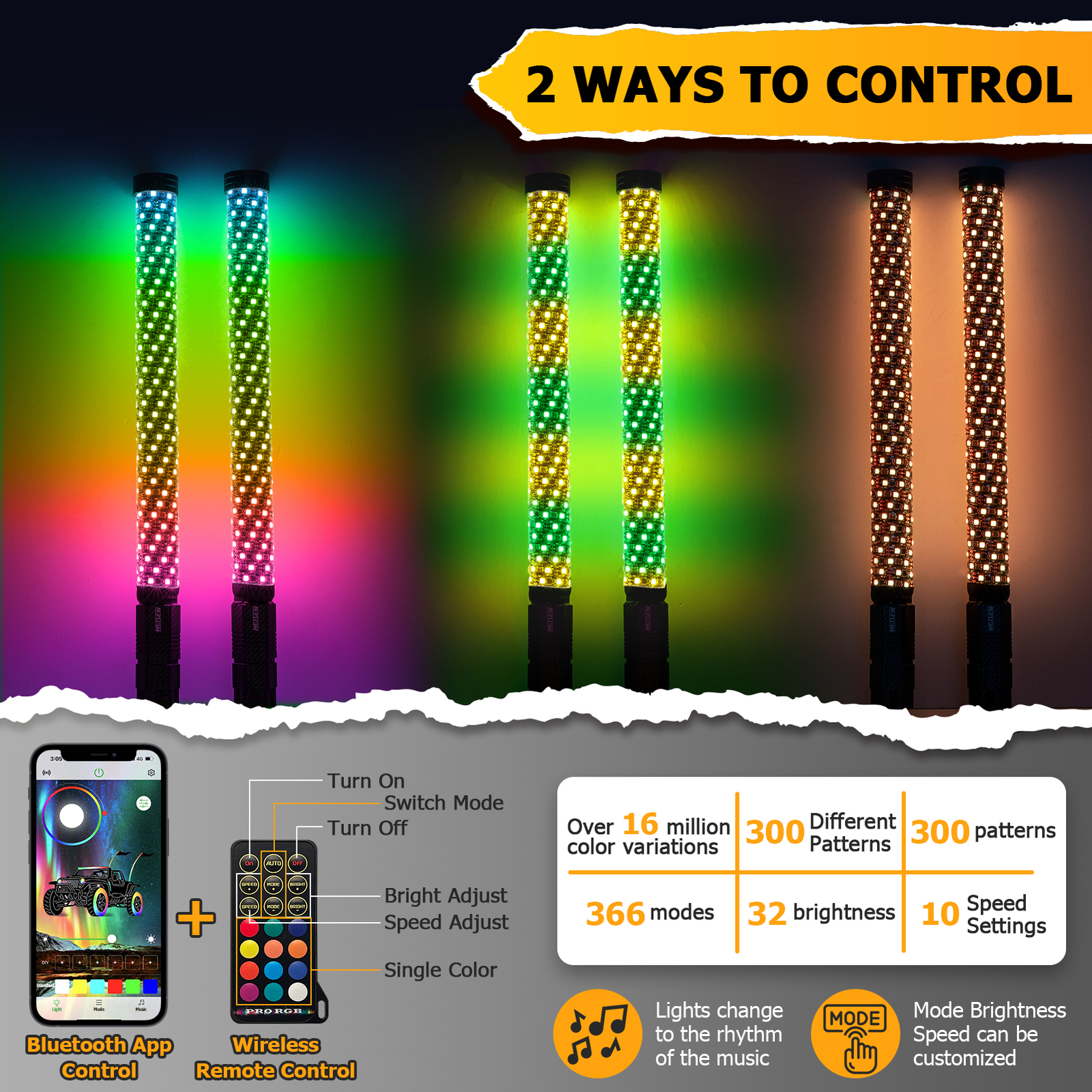 2FT Fat LED Whip APP Controlled Antenas De LED Quick Release Whip Light