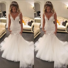 Mermaid Wedding Dresses V Neck Lace Appliques Tulle Sweep Train Bridal Gown