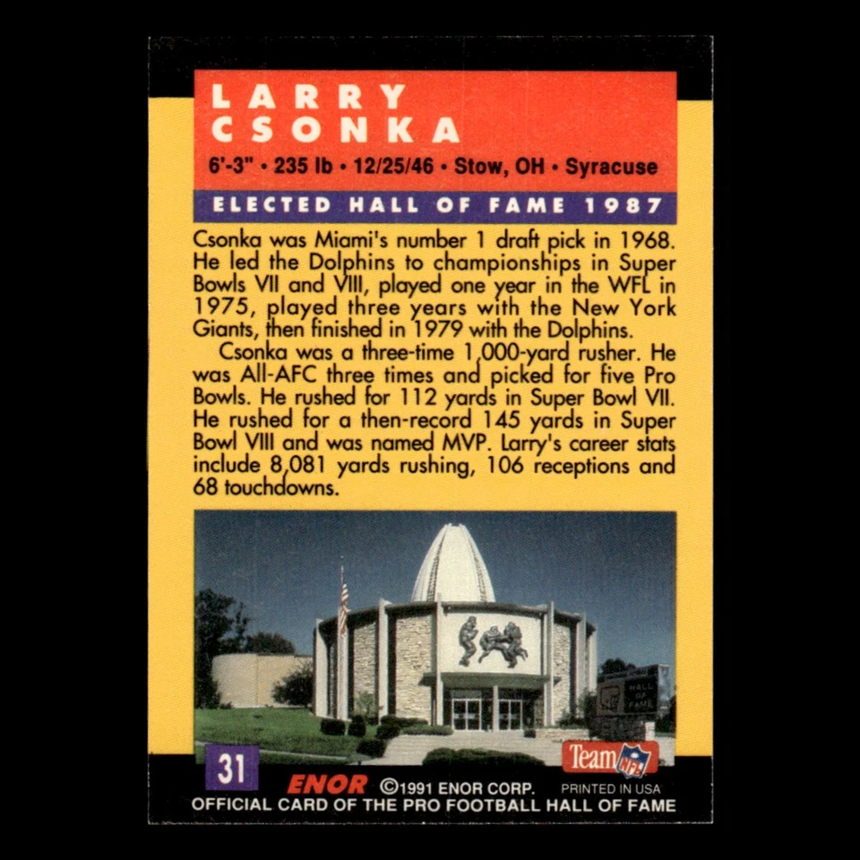 Larry Csonka #31 1991 ENOR Pro Football HOF Miami Dolphins Football Card NFL NM - Image 2 of 3