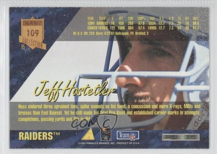 1995 Pinnacle Club Collection Jeff Hostetler #109 - Image 2 of 2