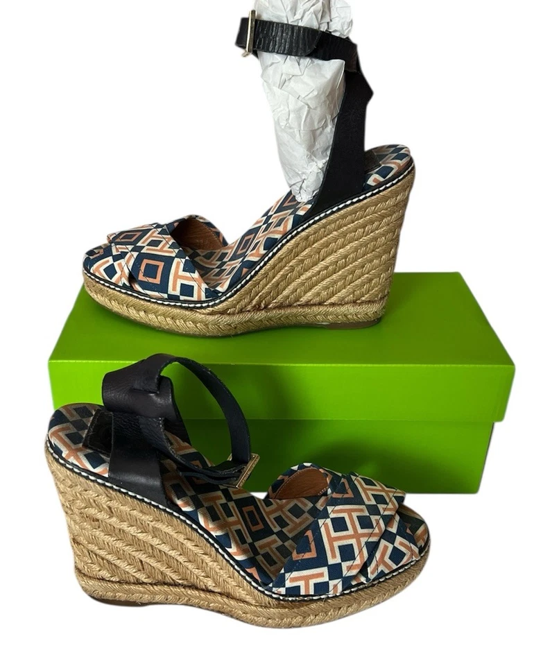 Sandalias de plataforma con correas de cuero de lona azul naranja TORY BURCH zapatos talla 8 Foto 3 de 4