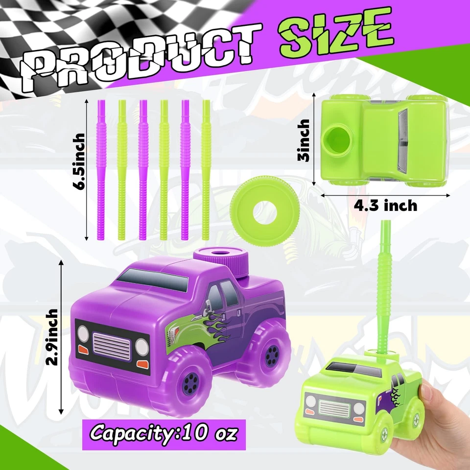 12 Set Green and Purple Monster Truck Road Cups with Straws, Plastic Vehicle ... - Image 3 of 4