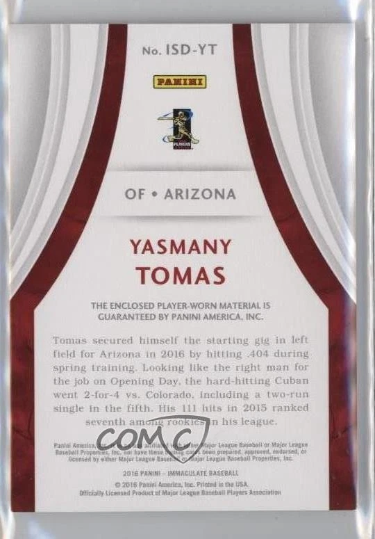 2016 Panini Immaculate Immaculate Standard Red /49 Yasmany Tomas #ISD-YT - Image 2 of 2