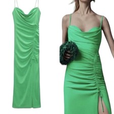 NWT Zara Green Dress Long MIDI Maxi Ruched Party M