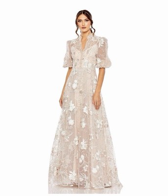 Mac Duggar Women s Embroidered Queen Anne Puff Sleeve A Line Grown Size 10 M