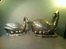 LARGE VINTAGE Brass Swan Mother W/Baby & Hatching Eggs Statue Sculpture Set RARE