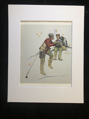 Norman Rockwell  ''Trout Dinner'' Father/Son Fishing - Matted Art Print