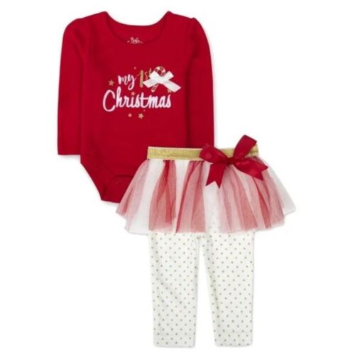 NWT Baby Essentials 9 Months Baby Girls 2 pc Tutu "My 1st Christmas" Candy Cane
