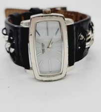 Kenneth Cole Reaction Watch Ladies Leather Band Black Silver Chain 8.25"