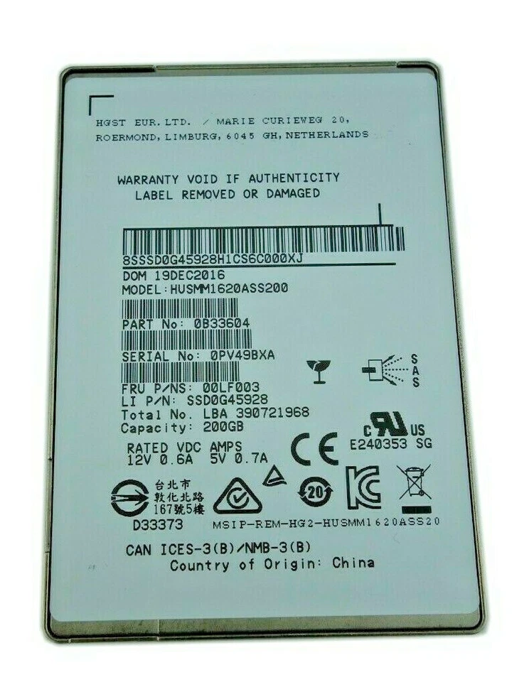 Lenovo HGST 200GB SAS 12Gb/s 2.5" SSD HUSMM1620ASS200 00LF003 SSD0G45928  - Image 2 of 2