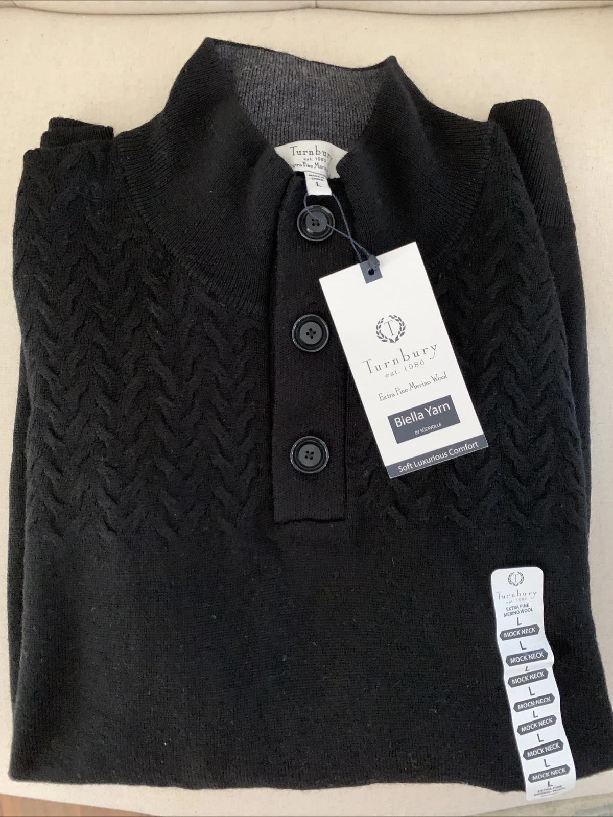NEW! Dillards L Turnbury 100% Extra Fine Merino Wool Black Mock Neck Sweater