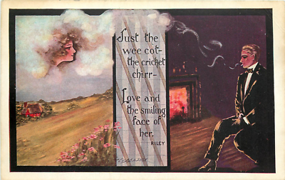 dreaming about smoking a cigarette COBB SHINN A/S FANTASY MAN SMOKING CIGARETTE DREAMING ABOUT HIS LOVE 1910  P/C
