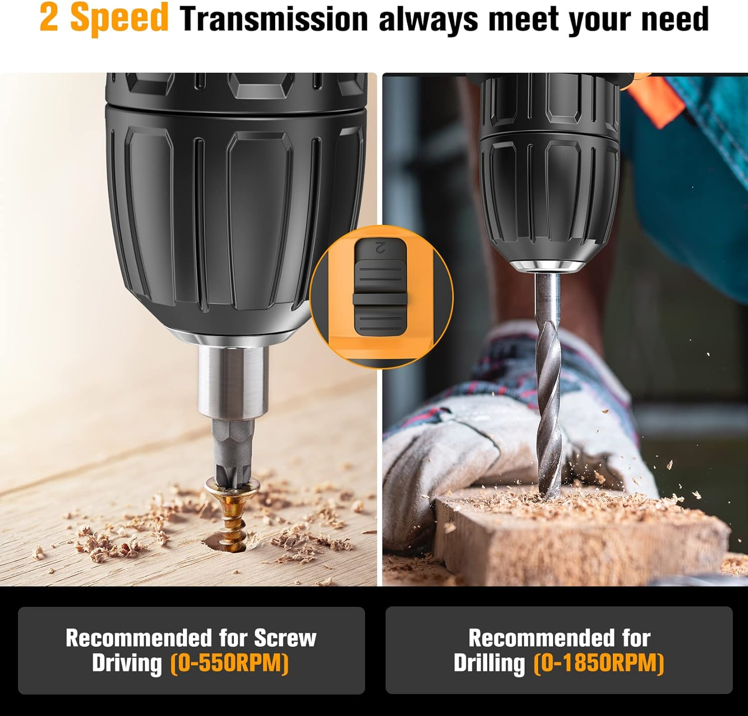 JYGMPRO Cordless Drill Driver 21V, Cordless Hammer Drill with 2