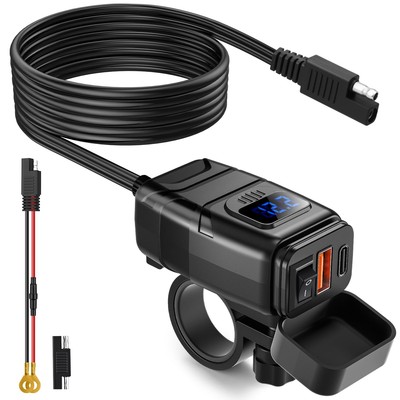 Motorcycle USB Charger Dual Port QC 3.0 Type C PD Waterproof Voltmeter Blue