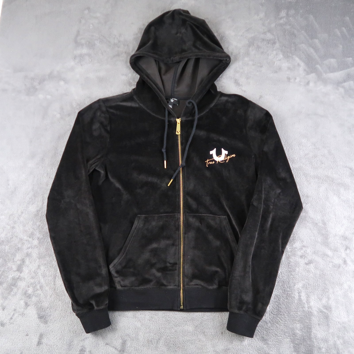 Vintage Y2K True Religion Velour Zip Up Hoodie Women's XL Black