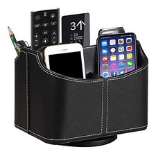 Leather Remote Control Holder, 360 Degree Spinning Desk TV Remote Caddy, Black