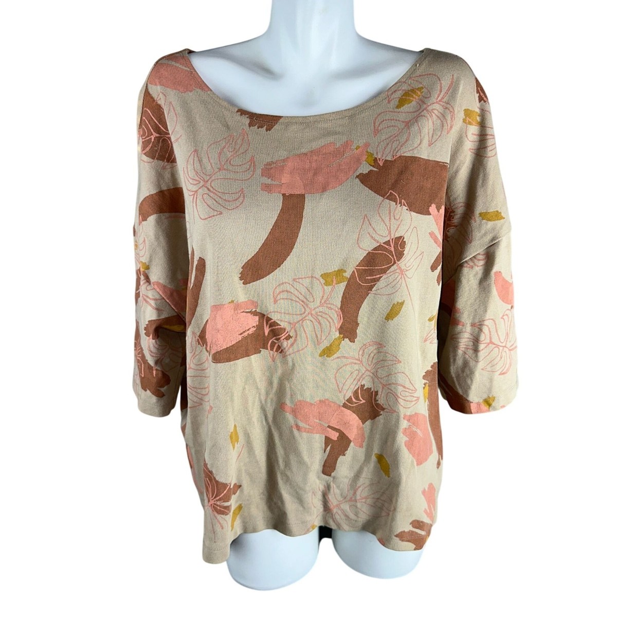 Tonle Plant Kween Blouse Top XL Beige Leaf Print Sustainable Lagenlook Oversized View 2