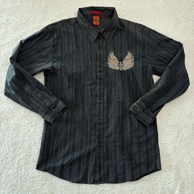Vintage Maestro Mens Shirt 2X Y2K  Angel Wings Cross Embroidered button up