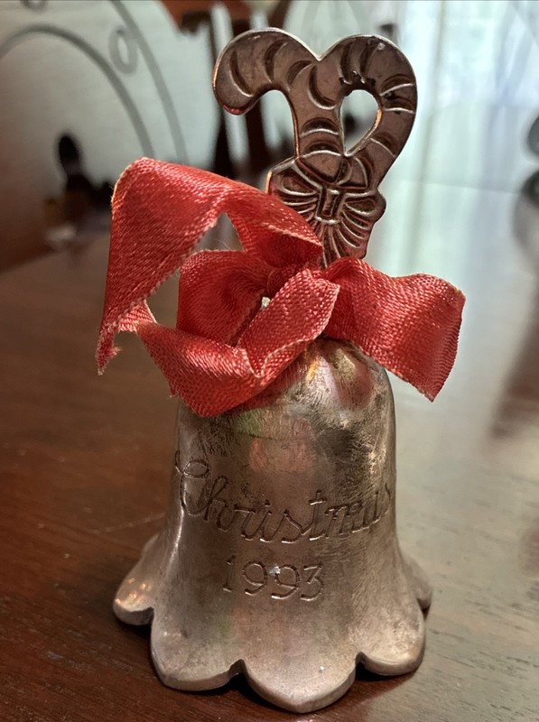 Christmas Silverplated Handmade Bell 1993 Made In India Red Ribbon