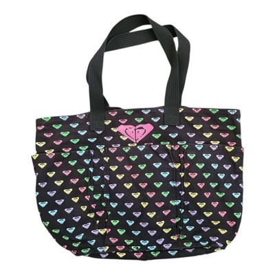 Vintage Roxy Tote Bag Black Rainbow Heart Logo Large Shoulder Bag Surf Skate Y2K