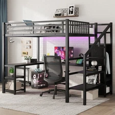 Metal Full Loft Bed with Wardrobe and LED Light, Full Size Loft Bed with L Shape