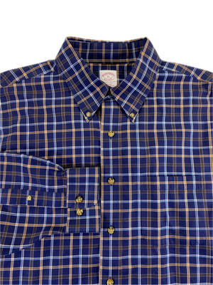 Brooks Brothers Men's Regular Fit Non-Iron Button Down Navy Blue Check Shirt XL