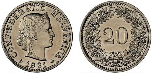 1921-B Switzerland 20 Rappen- NGC MS64, KM29 - Bern Mint-Blast White