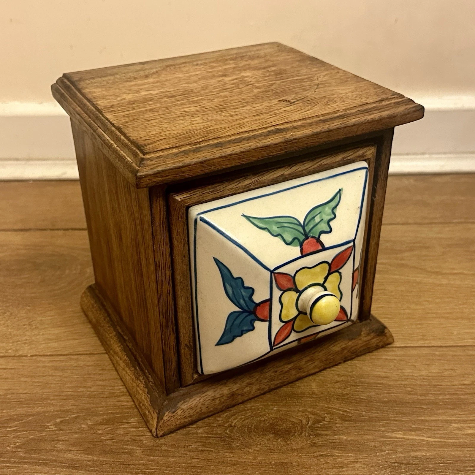 Vintage Wooden Hand-Painted Ceramic Spice Chest Drawer - Apothecary - 8” x 8”