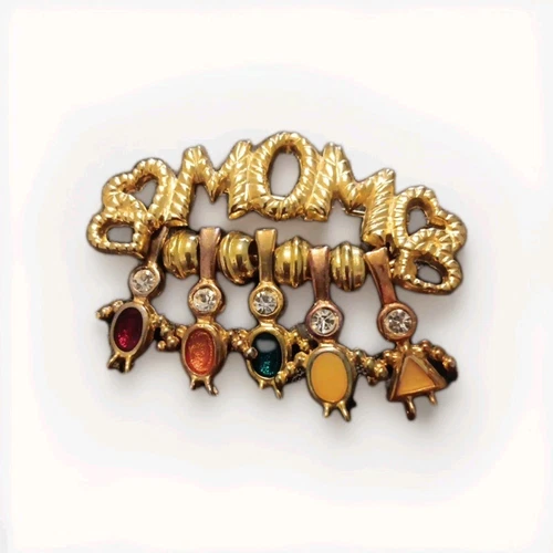 Vintage MOM Heart Charm Holder Goldtone Brooch 80s Fashion Pin Costume Jewelry