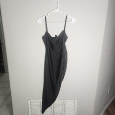 Windsor Black Satin Cowl Neck Asymmetric Ruched Stretch Slip Bodycon Dress M