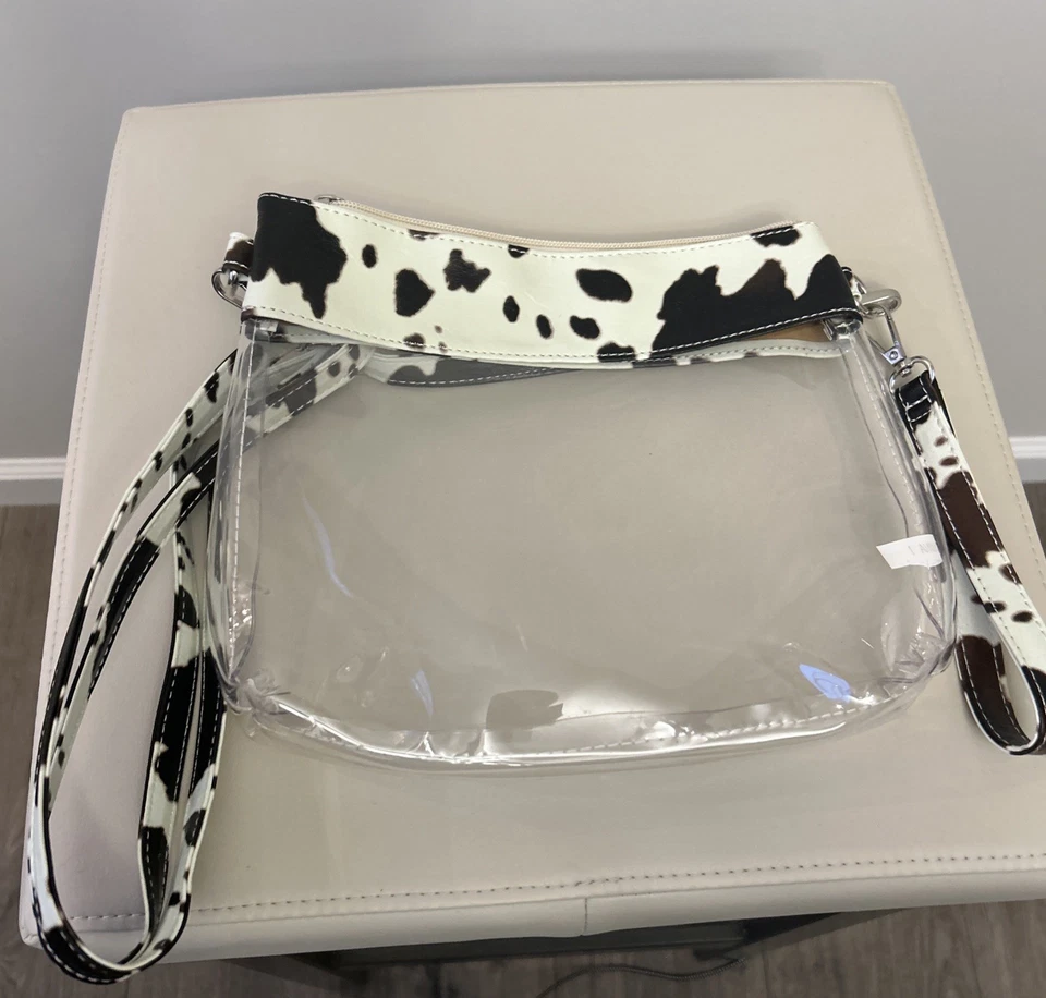 Bandolera bandolera de estadio transparente con borde de vaca marrón/blanco H03 Foto 2 de 4