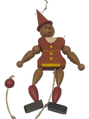 Vintage Austria Wood Jumping Jack Clown Puppet Kids Toy Pull String 8 