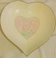 Ivory Bone China Heart Shaped Trinket Dish Rose Duet Pink #82016 EUC DB