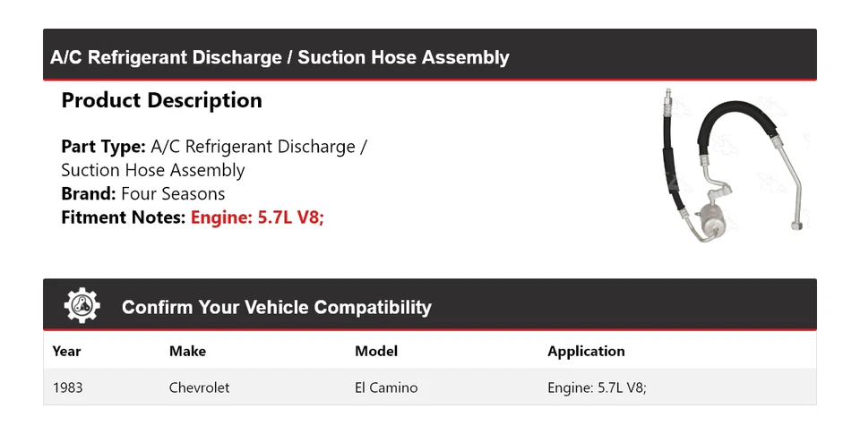 For 1983 Chevrolet El Camino Discharge  Suction Line Hose Assy 4 Seasons - Image 2 of 4