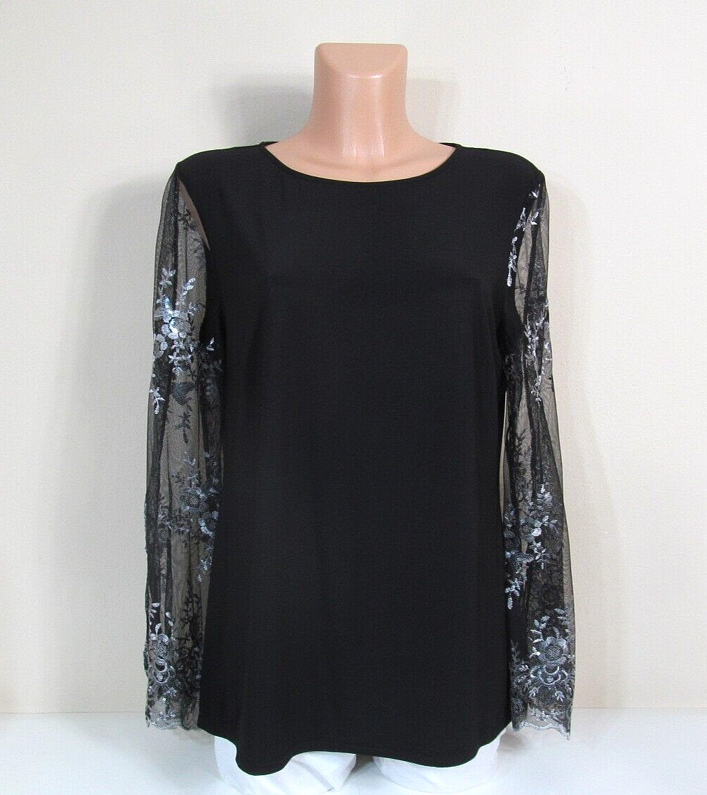 STUDIO BADGLEY MISCHKA Black Party Top Silver-Embroidered Sequined Sheer Sleeves