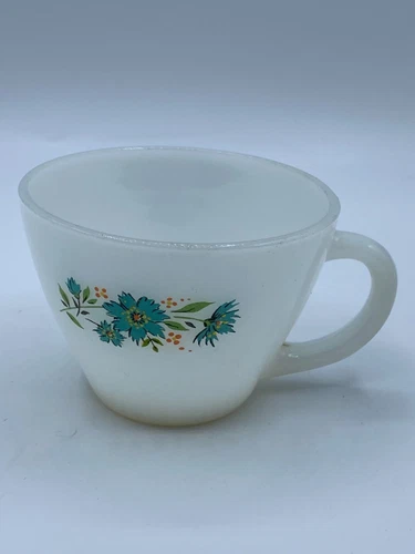 Vintage Fire King Anchor Hocking Milk Glass Coffee Cup with Bonnie Blue Flowers