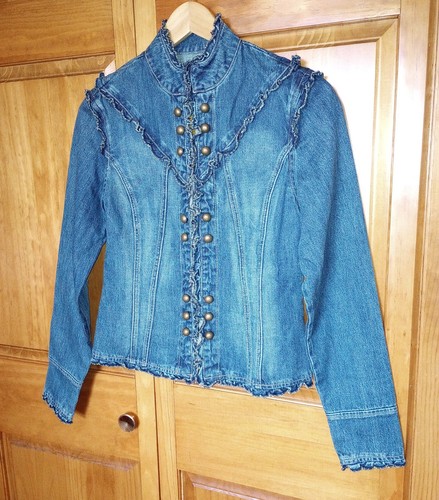 Denim Jacket ruffle trim big clasps Womens Med. Boho IRL measures below Unlined - Picture 3 of 20