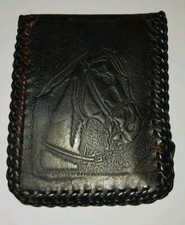 Vintage Hand Tooled Brown/Black Leather Wallet Horse Saddle Black Laced Accent
