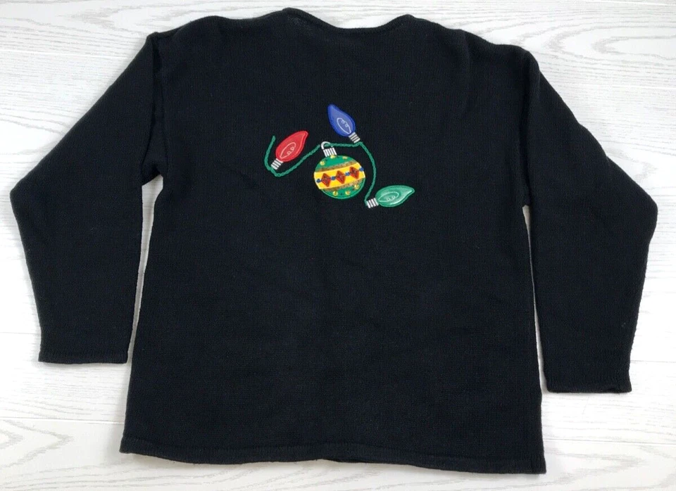 Vintage Ugly Christmas Sweater Womens L  Mandal Bay Black Christmas Lights 90s - Image 2 of 4