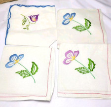 Vintage Embroidered Flowers Floral Ladies Handkerchief Napkins Set Of 4