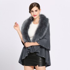 Lady Faux Fur Collar Cape Knitted Cardigan Cloak Poncho Wrap Outerwear Top Sweet
